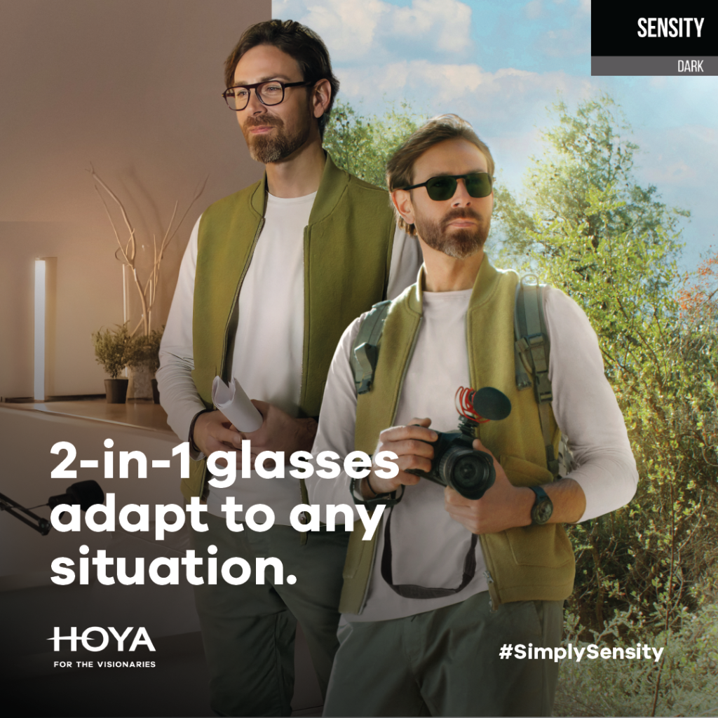Two men wear similar outfits and glasses; one is indoors with clear lenses, and the other is outdoors with tinted lenses, holding a camera. Text reads, “2-in-1 glasses adapt to any situation.”.