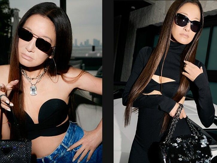 Two poses of a woman wearing sunglasses, a black top, and denim, accessorized with a necklace and carrying a black embellished bag.