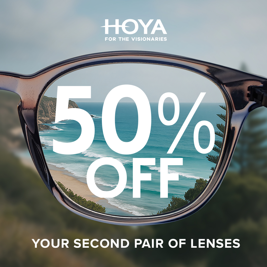 A pair of eyeglasses shows a clear beach view through one lens, with text overlay: 