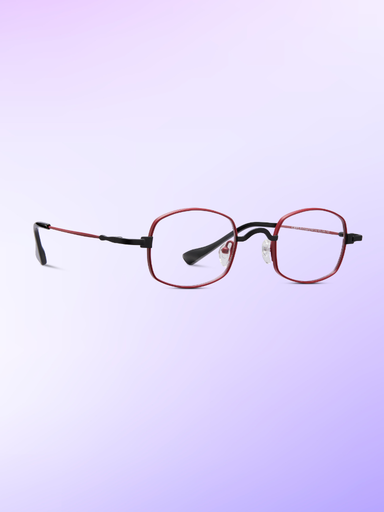 Red rectangular eyeglasses with black temple arms are shown on a gradient purple background.