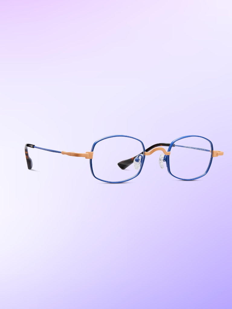 Blue, square-framed eyeglasses with gold accents and black temple tips, displayed on a light purple gradient background.
